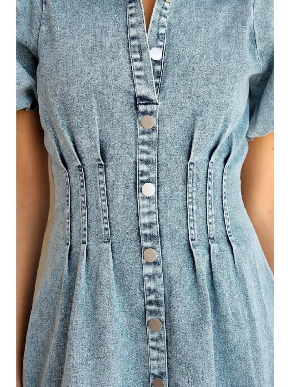 Chic Summer Denim Dress with Puff Sleeves | Slim Fit Jean Dress for Women - Picture 4 of 6